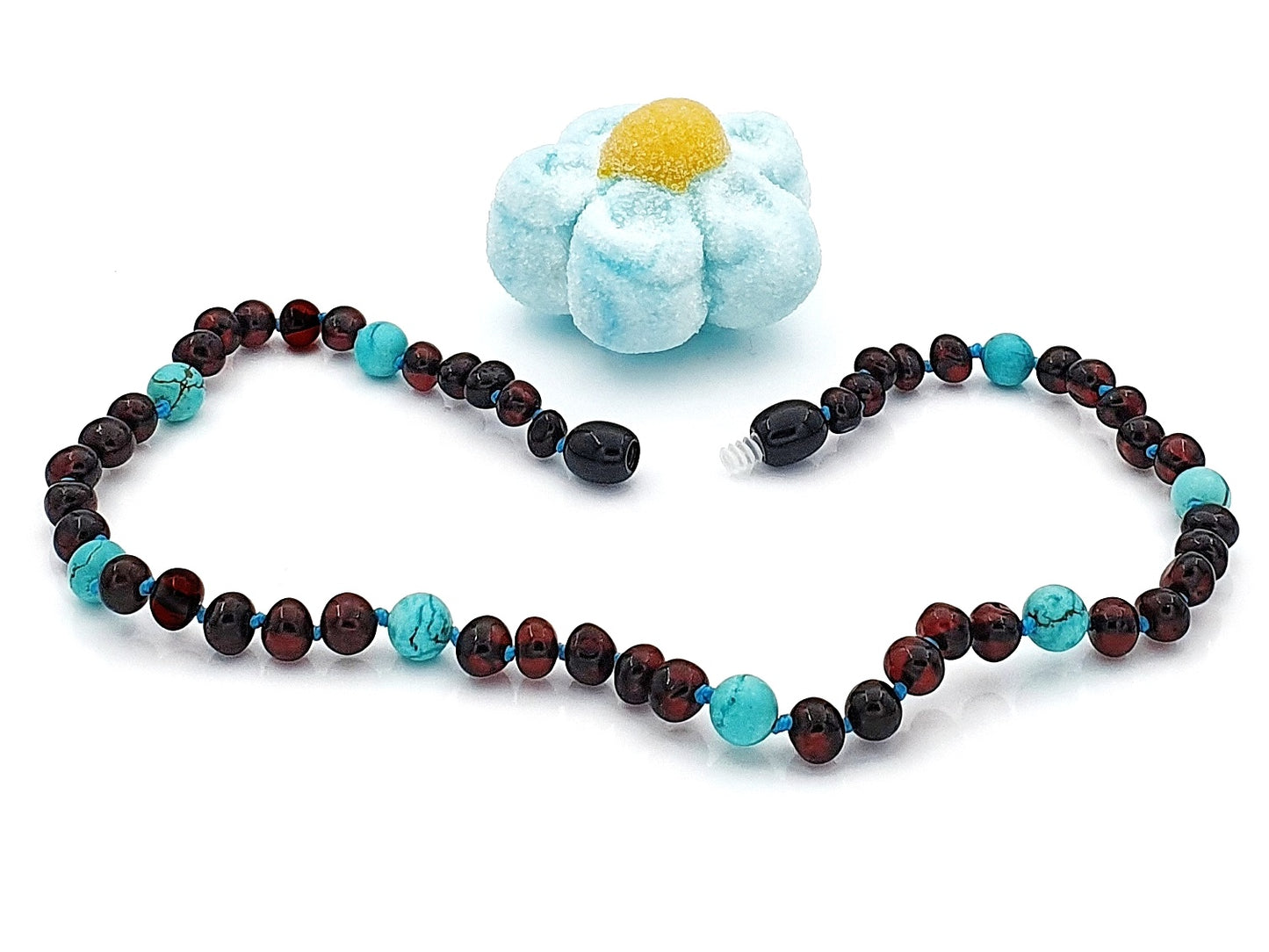 handmade Baltic amber baby necklace with turquoise