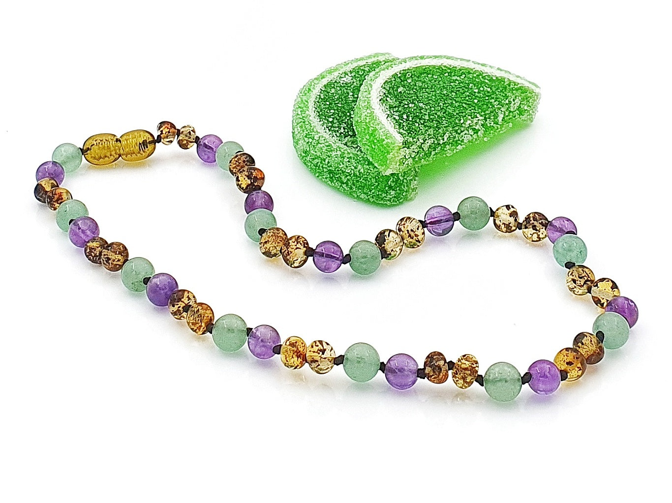 amber teething necklace with amethyst stone