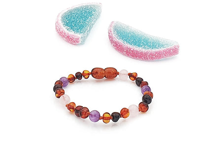 Cognac color amber baby bracelet with colorful stones