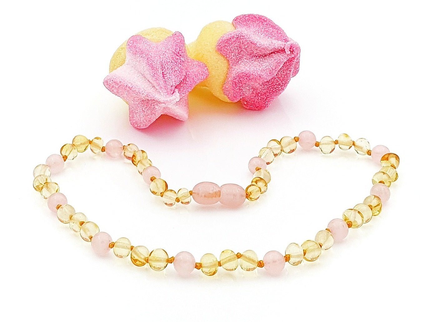 amber baby beads with pink quartz