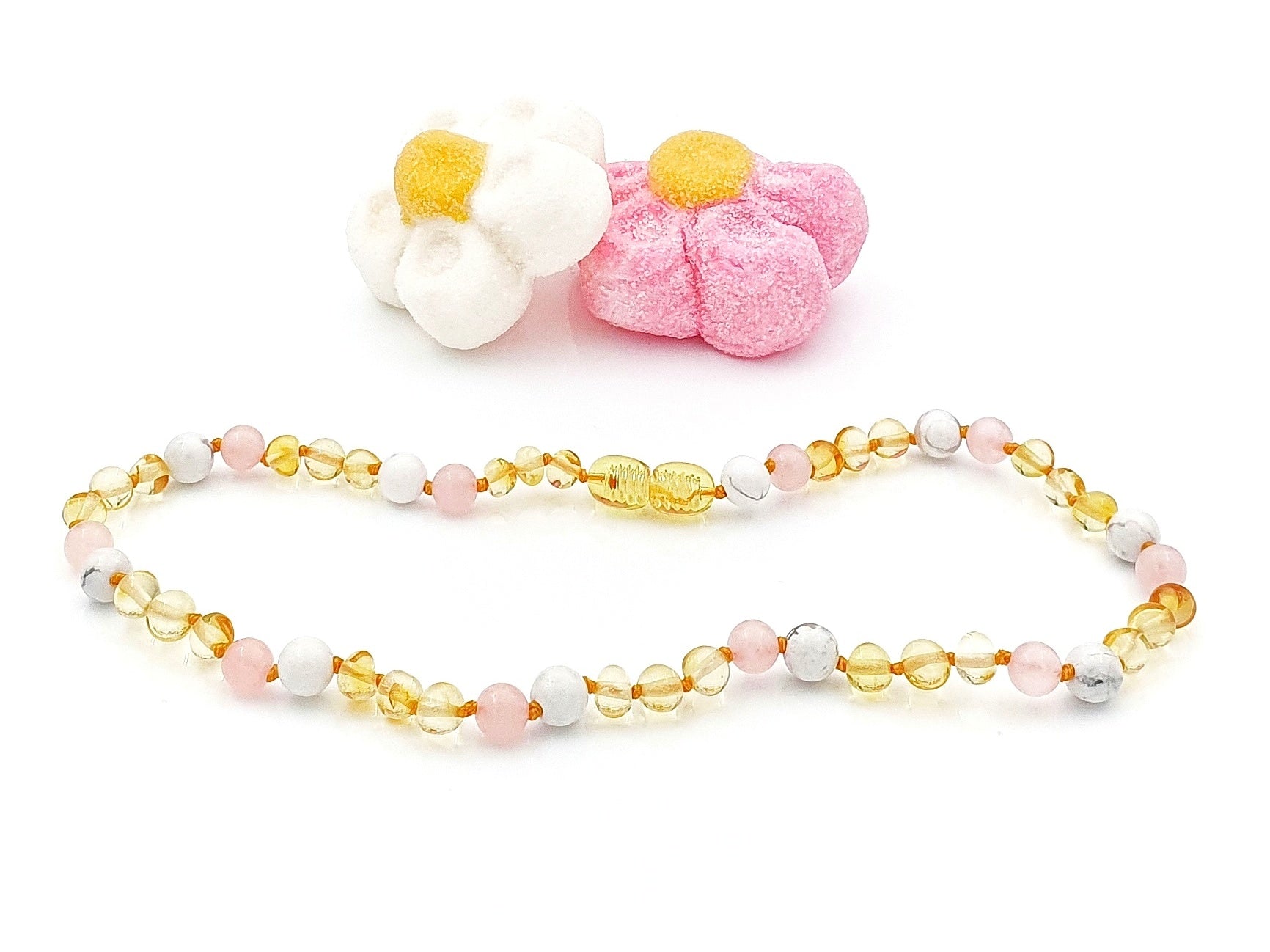 light amber baby necklace with pink quartz stone