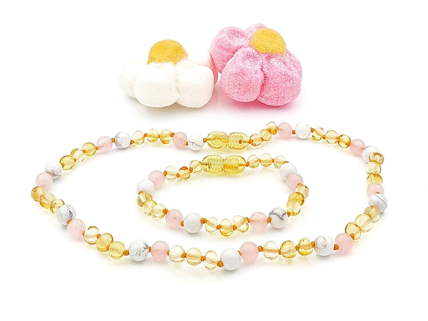 Amber baby beads with pink quartz