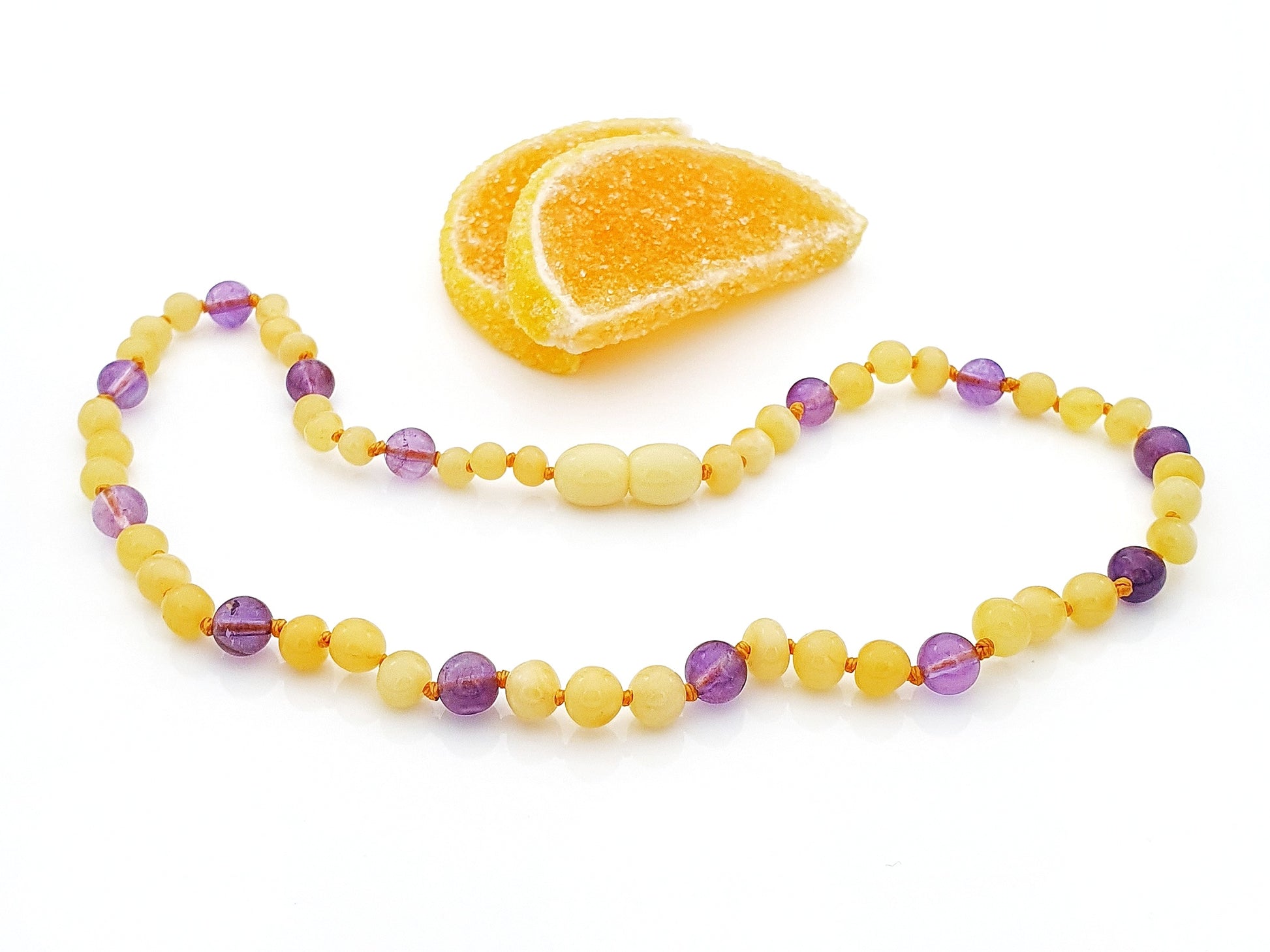 amber teething necklace, round amethyst stone