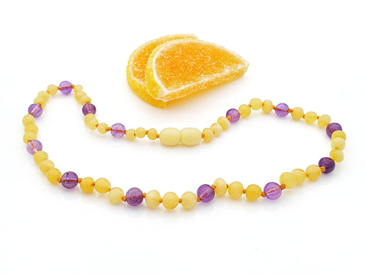 amber teething necklace, round amethyst stone