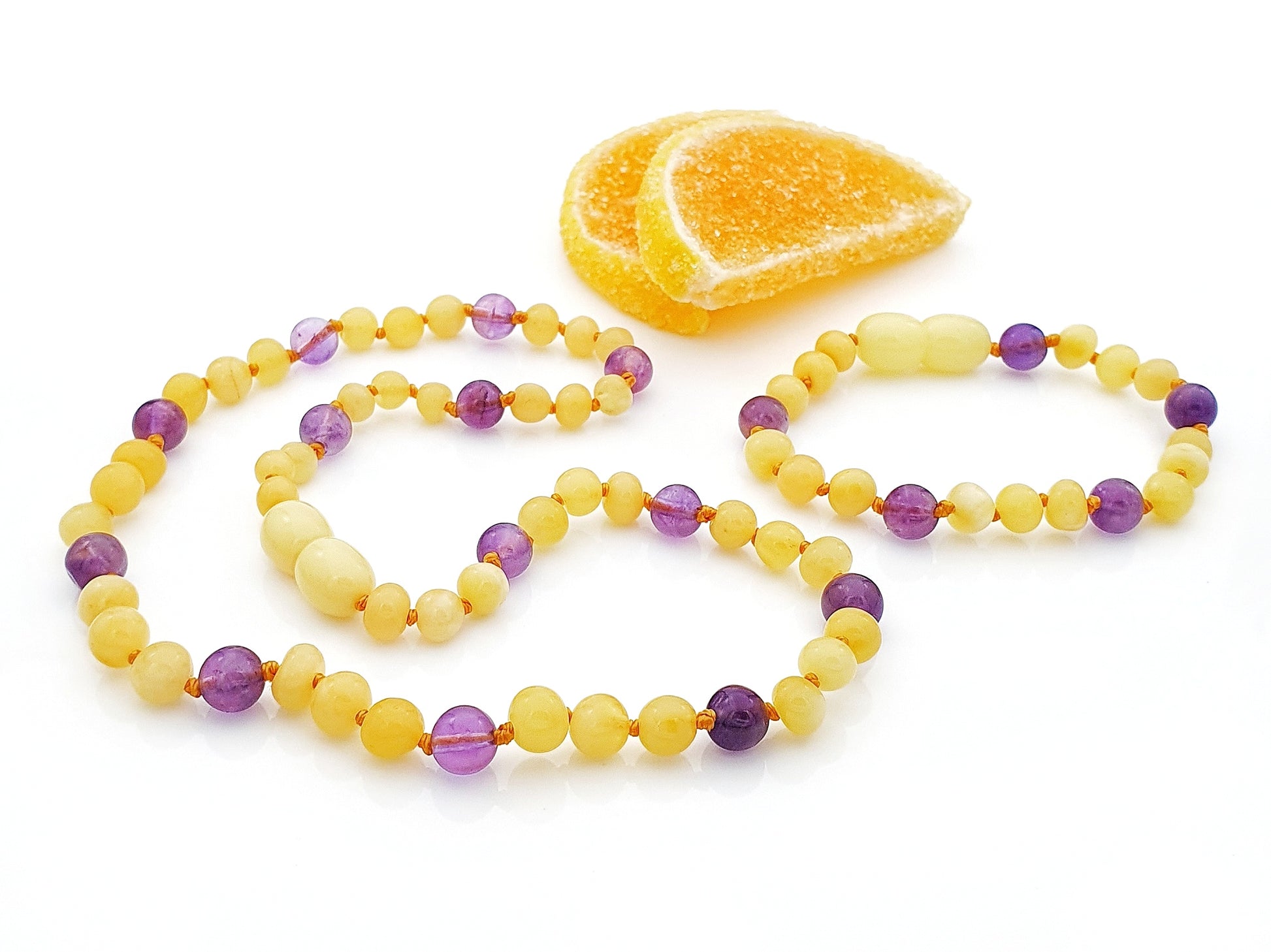 White round amber teething bracelet and necklace