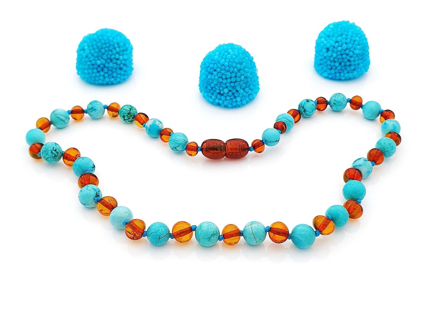 amber baby necklace with blue turquoise stones