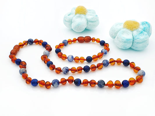 genuine Baltic amber teething set with lapis lazuli