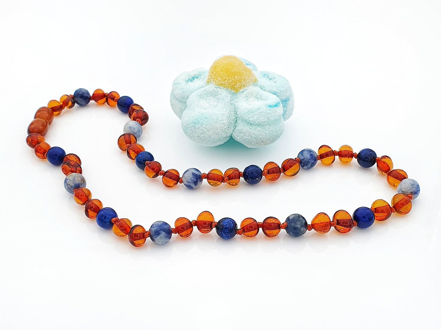amber necklace with blue stones