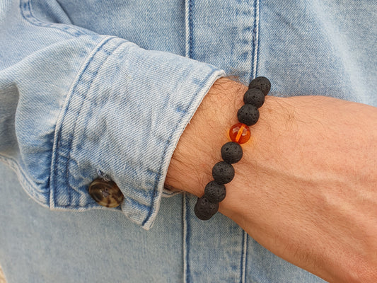 natural lava stone bracelet for men with Baltic amber stone