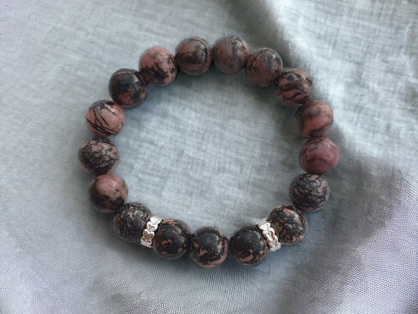 10mm Rhodonite Bracelet with 925 Silver Spacer