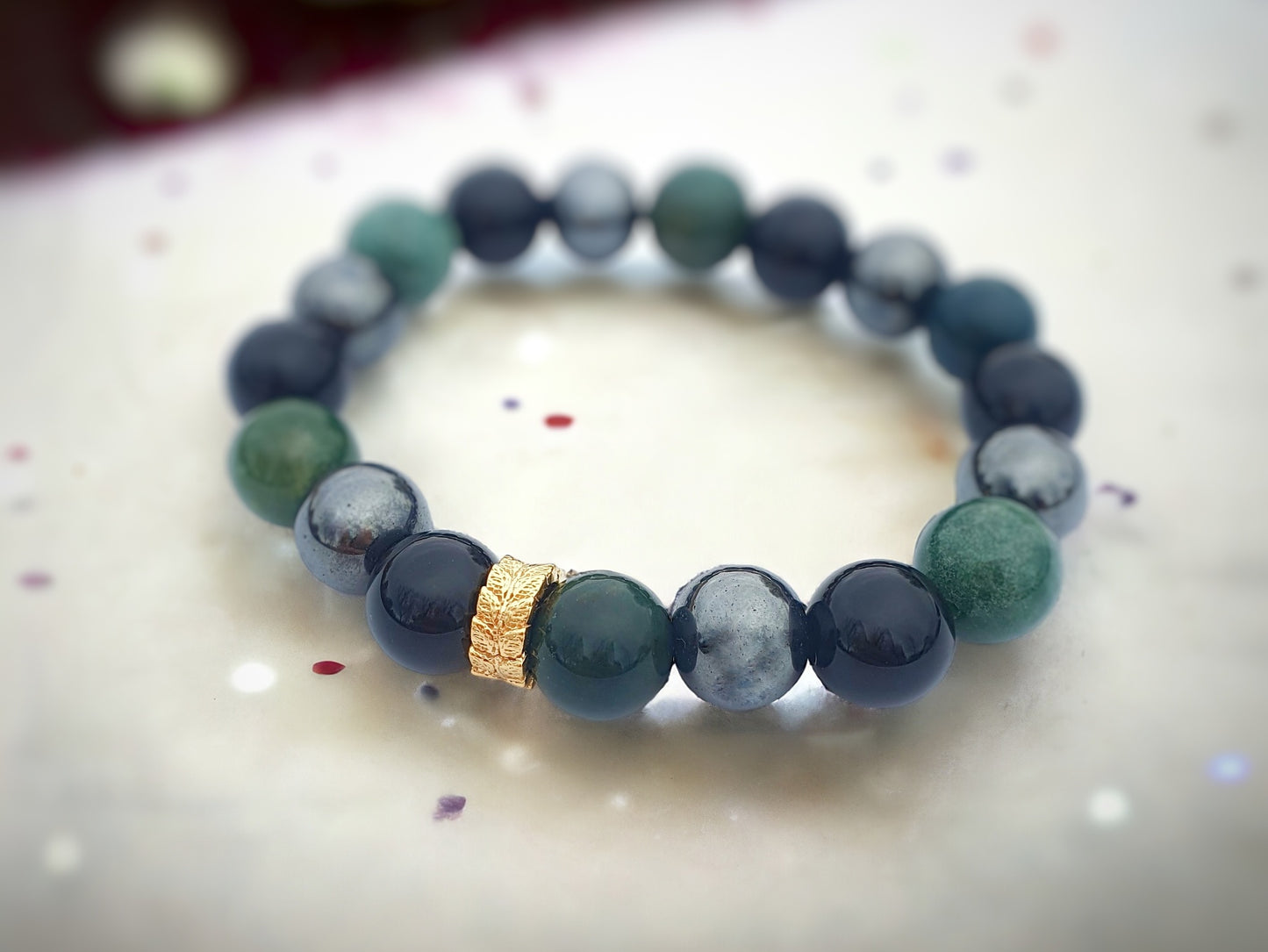 Green color bracelet with gold plated 925 silver spacer