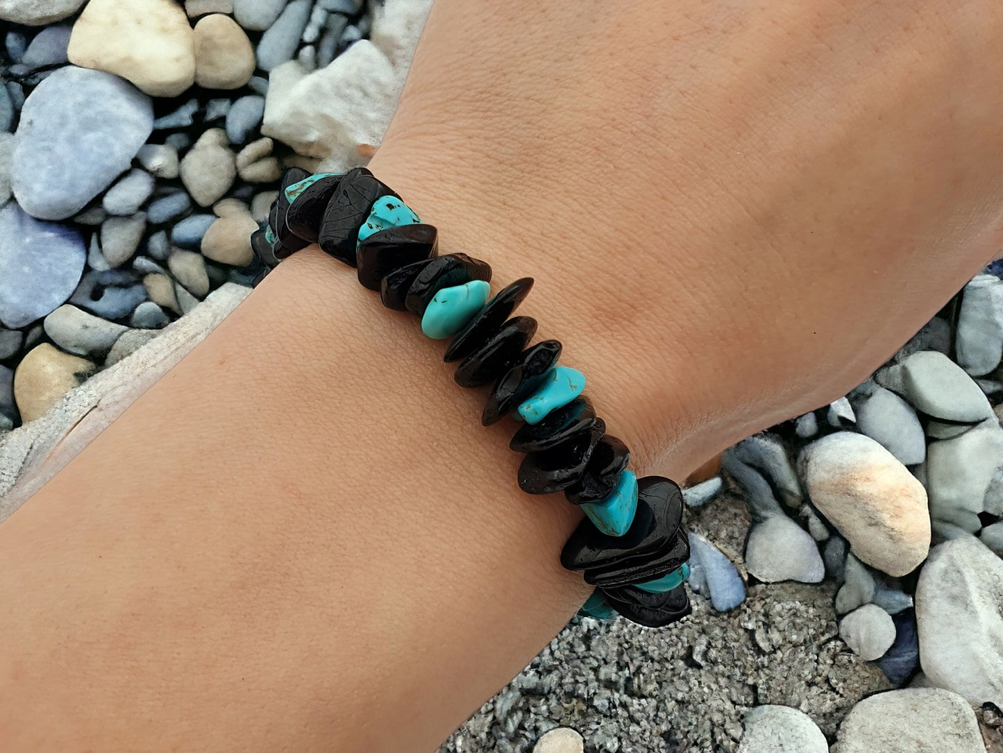 genuine amber bracelet with blue turquoise flat beads