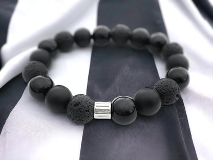 stretchy onyx and lava stone bracelet with 925 silver detail