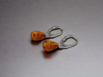 Cognac color amber earrings for adult with 925 silver